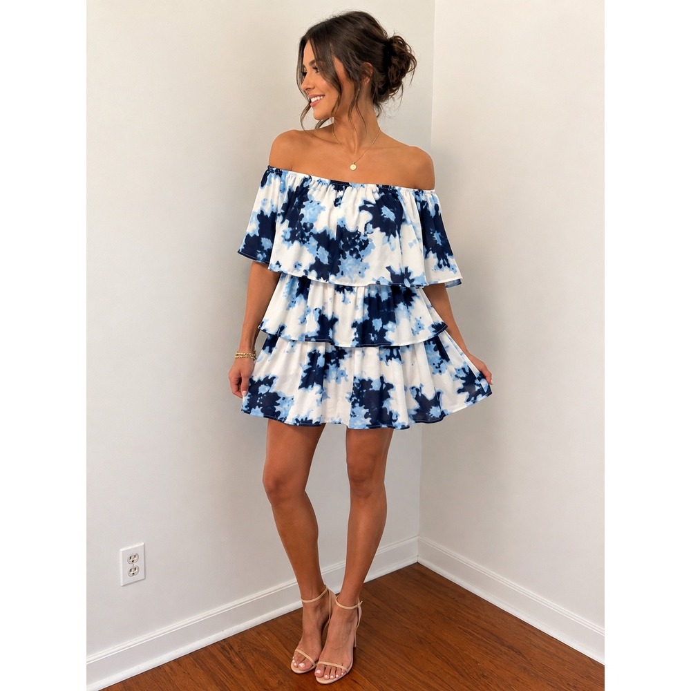 Rokoko by Dazz Dress Women M Boho Coastal Tie Dye Ruffle Off Shoulder Tiered